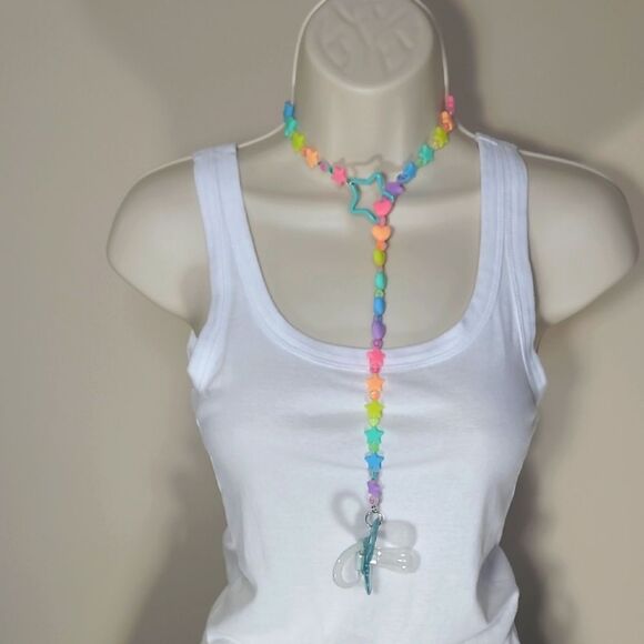 Kandi Kids Binky Necklace, Drop Silicon Star And Heart Glow In The Dark Bead. - Picture 1 of 2